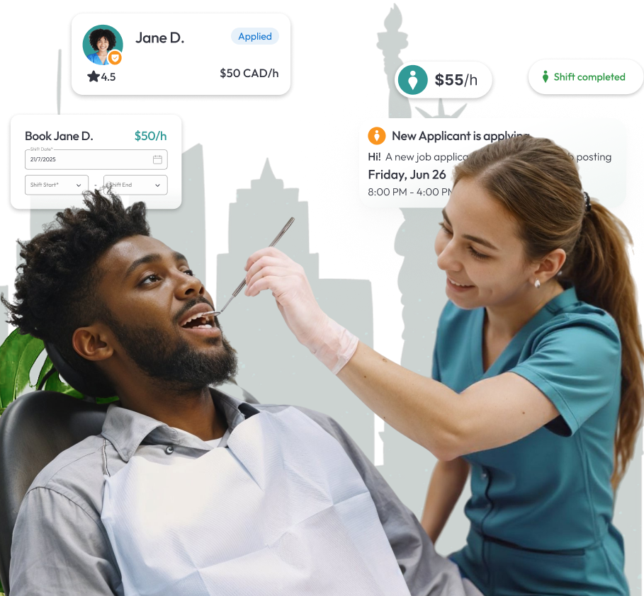 Temporary dentist performing dental treatment in a New York clinic